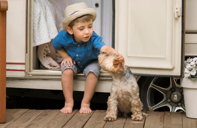 Ein kleiner Junge streichelt einen kleinen flauschigen Hund vor einem Campingwagen