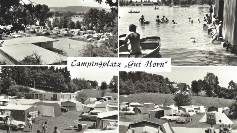 alte Schwarz-Weiß Fotos des Campingplatzes, badender Leute und von Campingzelten