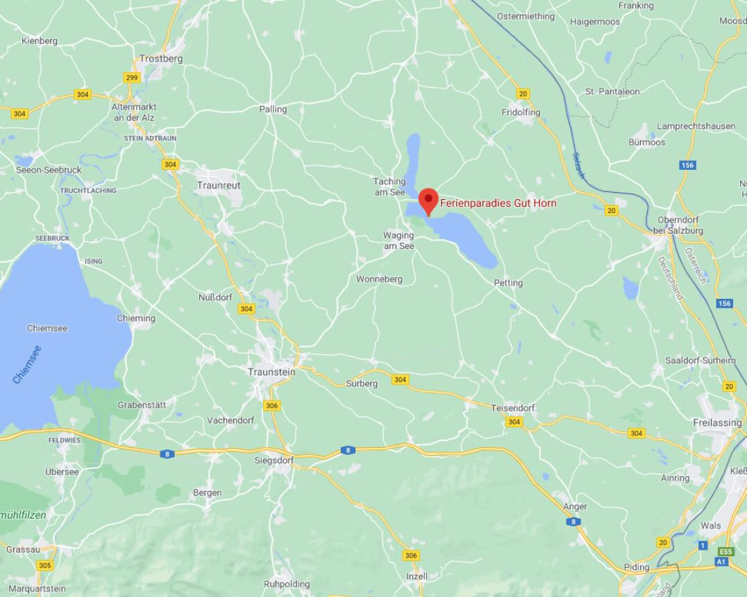 Karte des Bereichs um den Waginger See mit einem Pin auf Ferienparadies Gut Horn